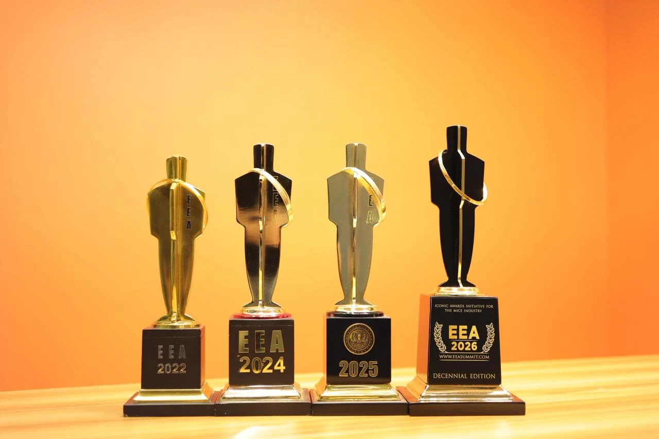 Exhibition Excellence Awards trophies — 2022, 2024, 2025, 2026